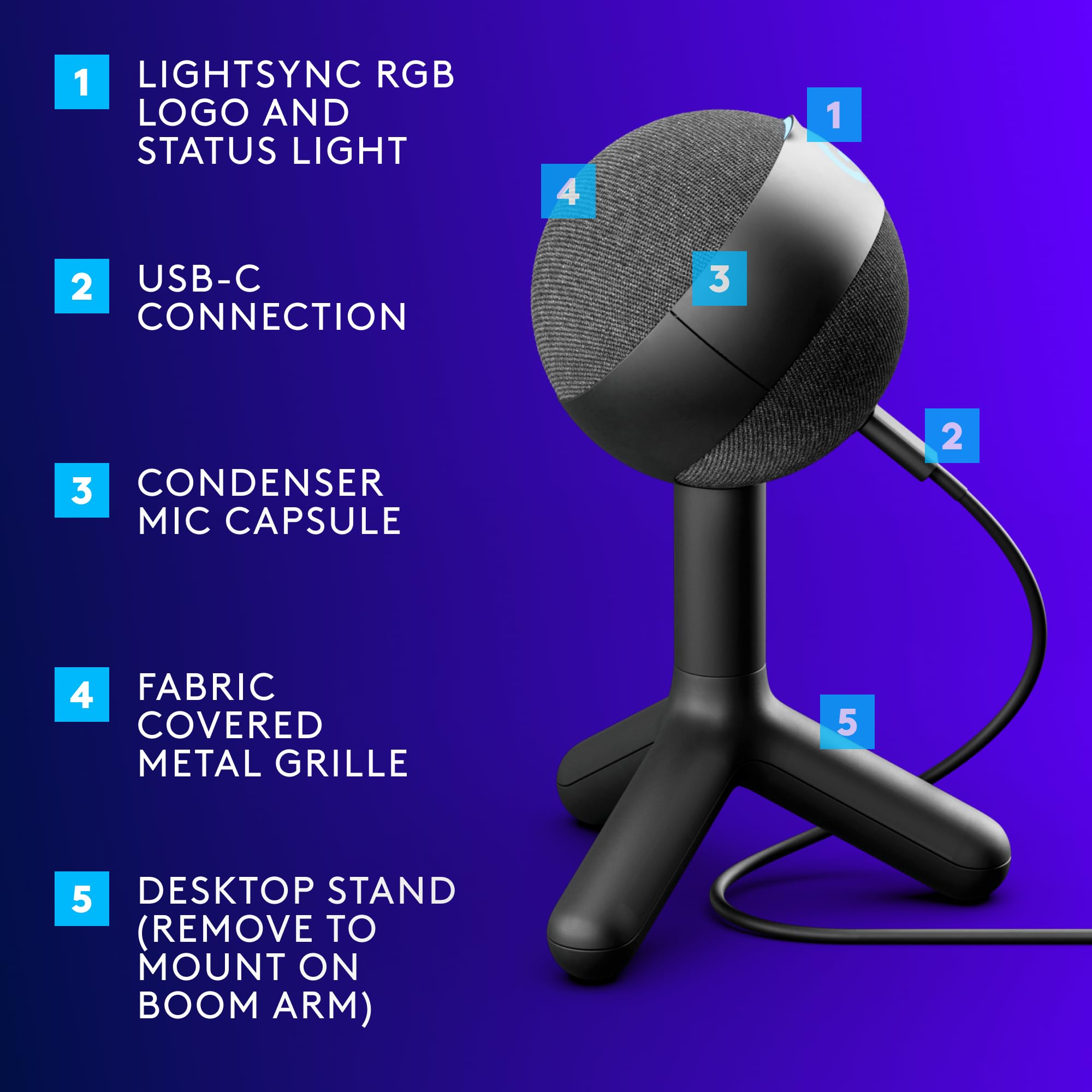 Logitech G Yeti Orb Condenser RGB Gaming Microphone with LIGHTSYNC, USB Mic for Streaming, Cardioid, USB Plug and Play for PC/Mac - Black - Image 5