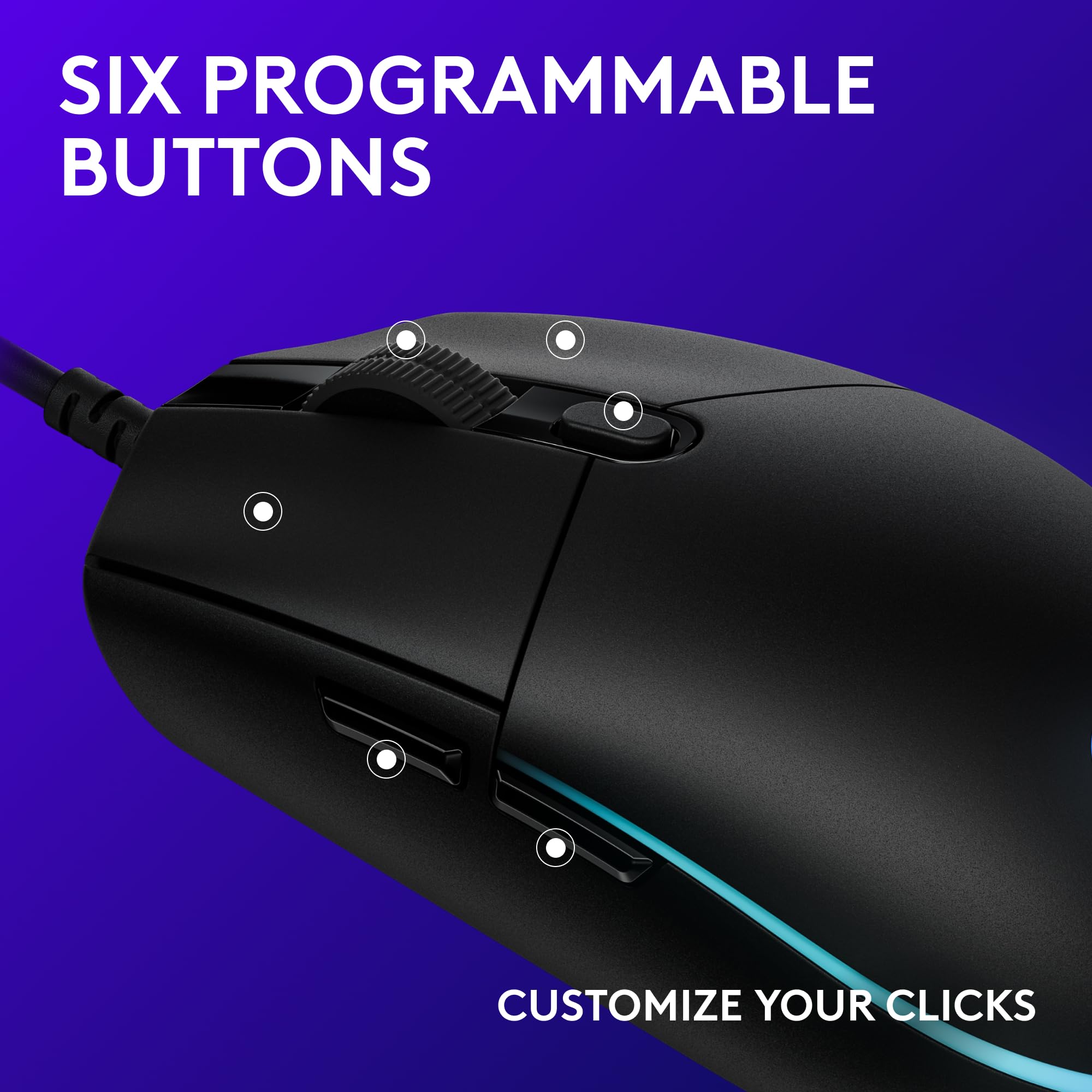 Logitech G203 Wired Gaming Mouse, 8,000 DPI, Rainbow Optical Effect LIGHTSYNC RGB, 6 Programmable Buttons, On-Board Memory, Screen Mapping, PC/Mac Computer and Laptop Compatible - Black - Image 5