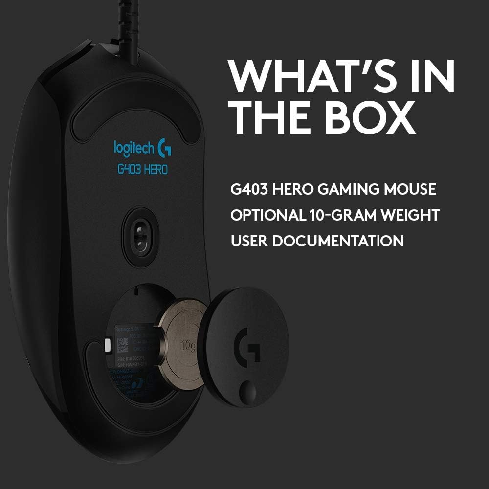 Logitech G403 Hero 25K Gaming Mouse, Lightsync RGB, Lightweight 87G+10G Optional, Braided Cable, 25, 600 DPI, Rubber Side Grips, Black - Image 7