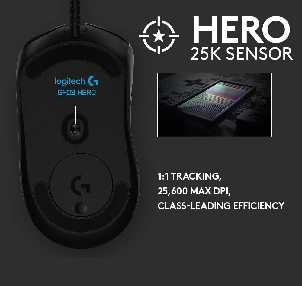 Logitech G403 Hero 25K Gaming Mouse, Lightsync RGB, Lightweight 87G+10G Optional, Braided Cable, 25, 600 DPI, Rubber Side Grips, Black - Image 8