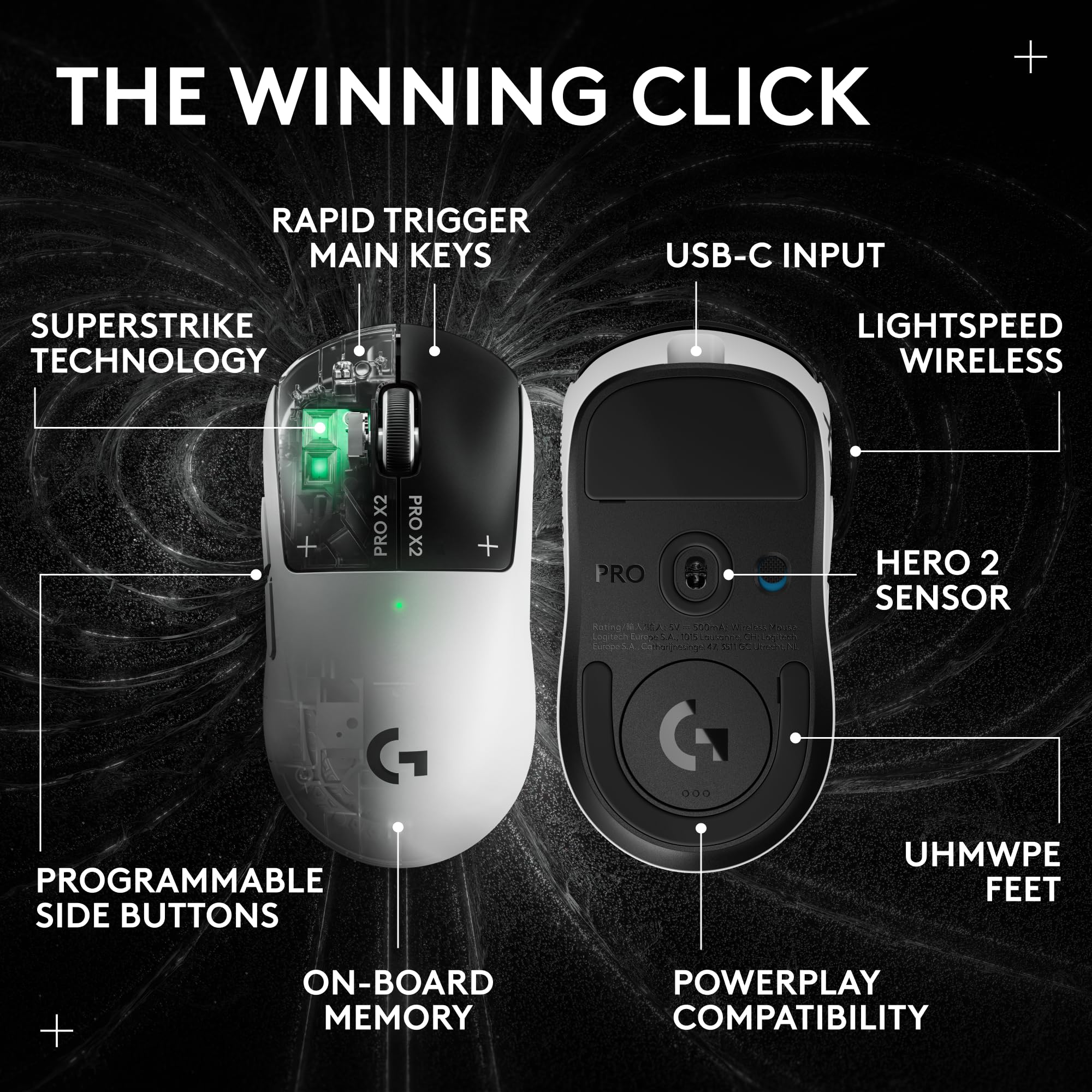 Logitech PRO X2 SUPERSTRIKE Lightspeed Wireless Gaming Mouse, Ultra-Fast Performance, Ultra Lightweight (61 g), Customizable Click Haptics, USB-C Charging, for PC/Mac/Laptop - White - Image 4